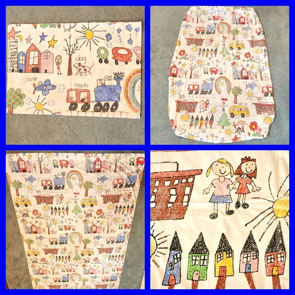 RARE VTG Danville by Dan River 3pc Twin Sheet Set Children's Crayon Drawings